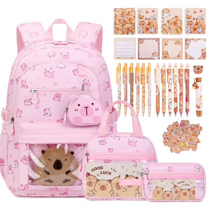 Similove Capybara Theme Backpack for School Girls, 35PCS Kids Backpack Set with School Supplies Stationery Kit Lunch Box Pencil Case, Cute Girls Bookbag for Kindergarten Elementary Student