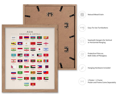 Poster Master Flags of Asia Poster - Asian Countries & Capitals Print - Learning Materials Art - Educational Art - Gift for Student & Teacher - Decor for Classroom or Library, 11x14 Beige Framed