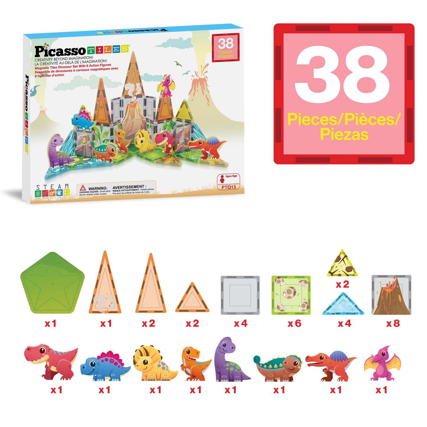 PicassoTiles Magnet Tiles Building Blocks Dinosaur Theme Set with 8 Magnetized Action Figures Magnetic Construction Build and Play Toy with Magnets STEM Learning Activities for Toddlers 3+ PTQ13