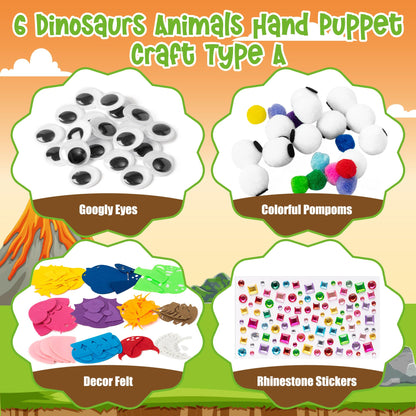 WATINC 6Pcs Hand Puppet Making Kit, Art Craft Felt Sock Puppet Toys, Creative DIY Make Your Own Pompoms Wiggle Googly Eyes Storytelling Role Play Party Supplies Gift for Girls Boys (Dinosaurs A)