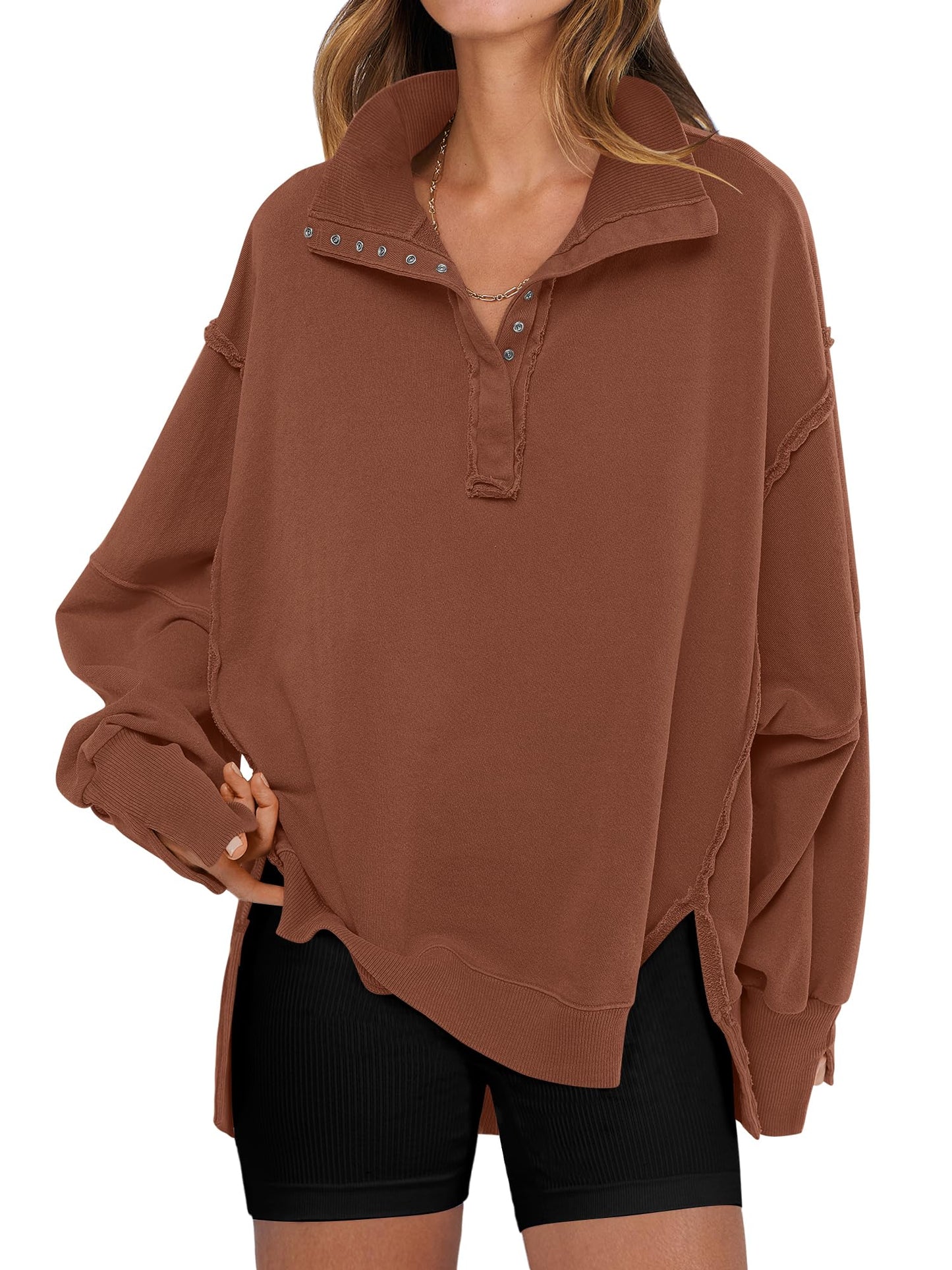 ANRABESS Women's Sweatshirts Oversized Casual Loose Button Up Henley Pullover Top High Low Split 2025 Fall Fashion Outfits