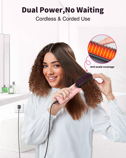 Cordless Hair Straightener Brush - Portable Hair Brush for Travel - 30s Fast Heating - 300 Million Negative Ions for Frizz-Free Shine,Touch Up On-The-Go,Gift for Women,10000mAh