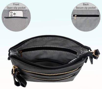 Solene Women's Faux Leather Organizer Multi Zipper Pockets Handbag With Detachable Wristlet Crossbody Bag-WU002(Black)