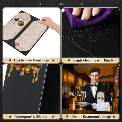 FLKQC 20 Pack Restaurant Menu Covers Holders 4.25" X 11", 2 Pack 2 View Synthetic Leather Menu Holder Covers Book Style with Angled Corners Black for Wine List, Morning Menu, Wine Menu (20, 2 Page)