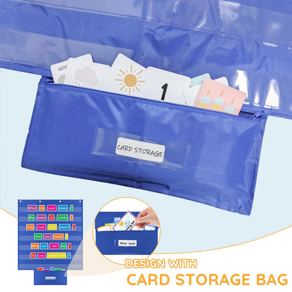 ALSLEA Standard Pocket Chart for Classroom with Zipper Storage Bag 28"x28" Wall Hanging File Display Pocket Chart with 7 Sentence Strips Holder Teacher Essential (Blue)
