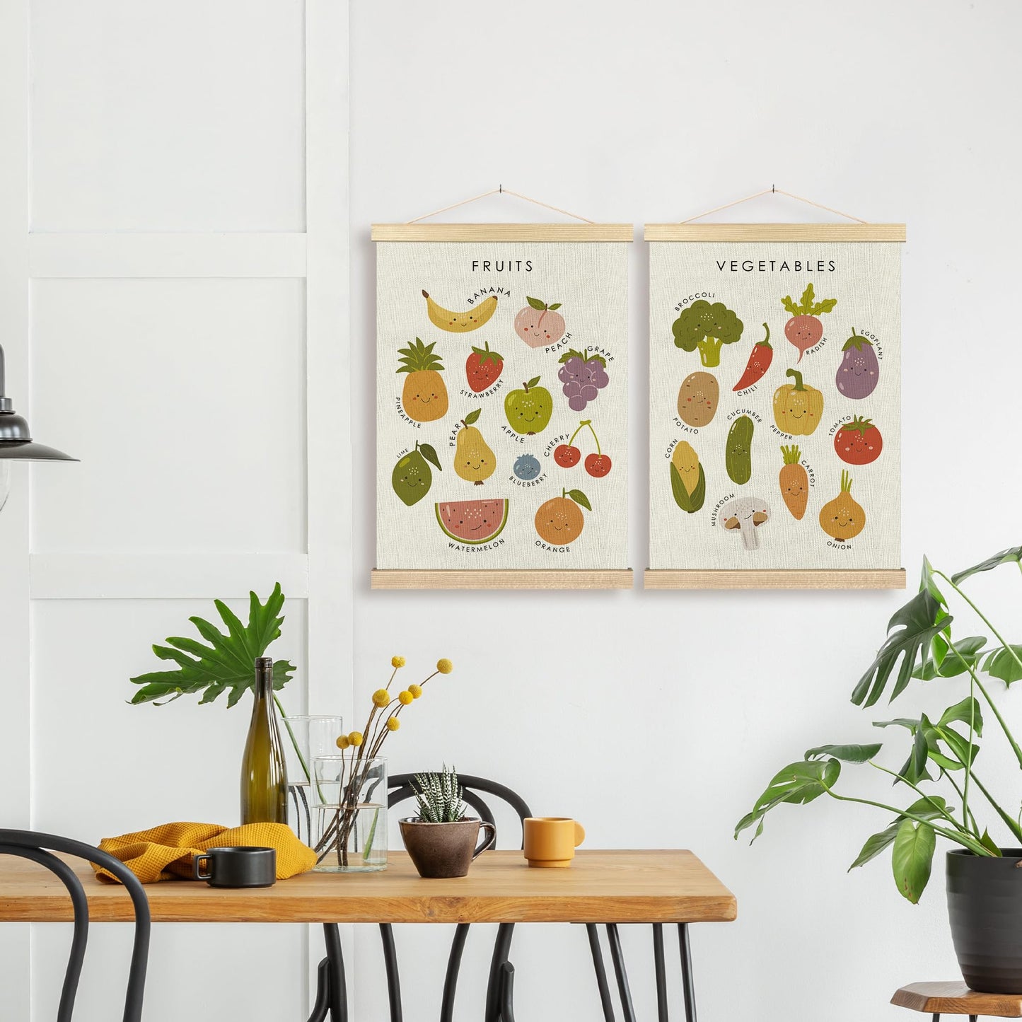 BCUANGD Fruits Vegetables Wall Decor - Toddlers Kids Preschool Poster Hanger with Wood Frames Set of 2, Educational Learning Wall Hanging Canvas Decor for Kids Room Nursery Home, 12x16 Inches