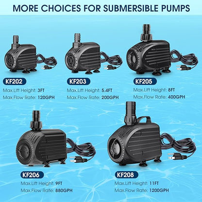 NFESOLAR Submersible Water Pump 200GPH, Ultra Quiet Submersible Pump with Dry Burning Protection 5.4ft High Lift for Fountains, Waterfall, Hydroponics, Aquariums KF203