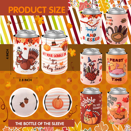 Remerry 24 Pcs Thanksgiving Can Cooler Sleeves 12 oz Funny Can Sleeves Turkey Pumpkin Neoprene Insulated Beer Can Bottle Sleeves for Happy Thanksgiving Happy Turkey Day Party Favors Supplies