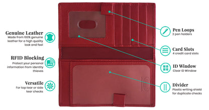 123 Cheap Checks Red RFID Leather Checkbook Cover With Credit Card Slots and Pen Holder
