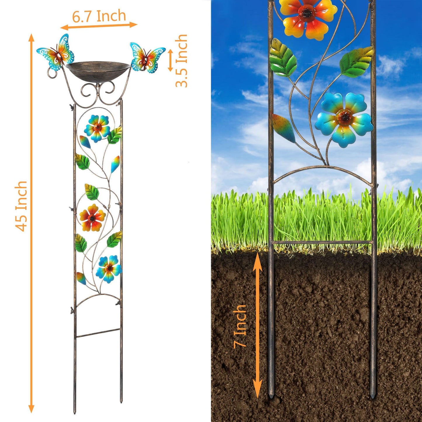 Garden Trellis Bird Bath Outdoor, 43.5 Inch Antique Iron Garden Plant Trellis Decorative with Floral-Butterflies and Detachable Drinking Basin Bowl, Free Standing BirdBath Birdfeeder Station