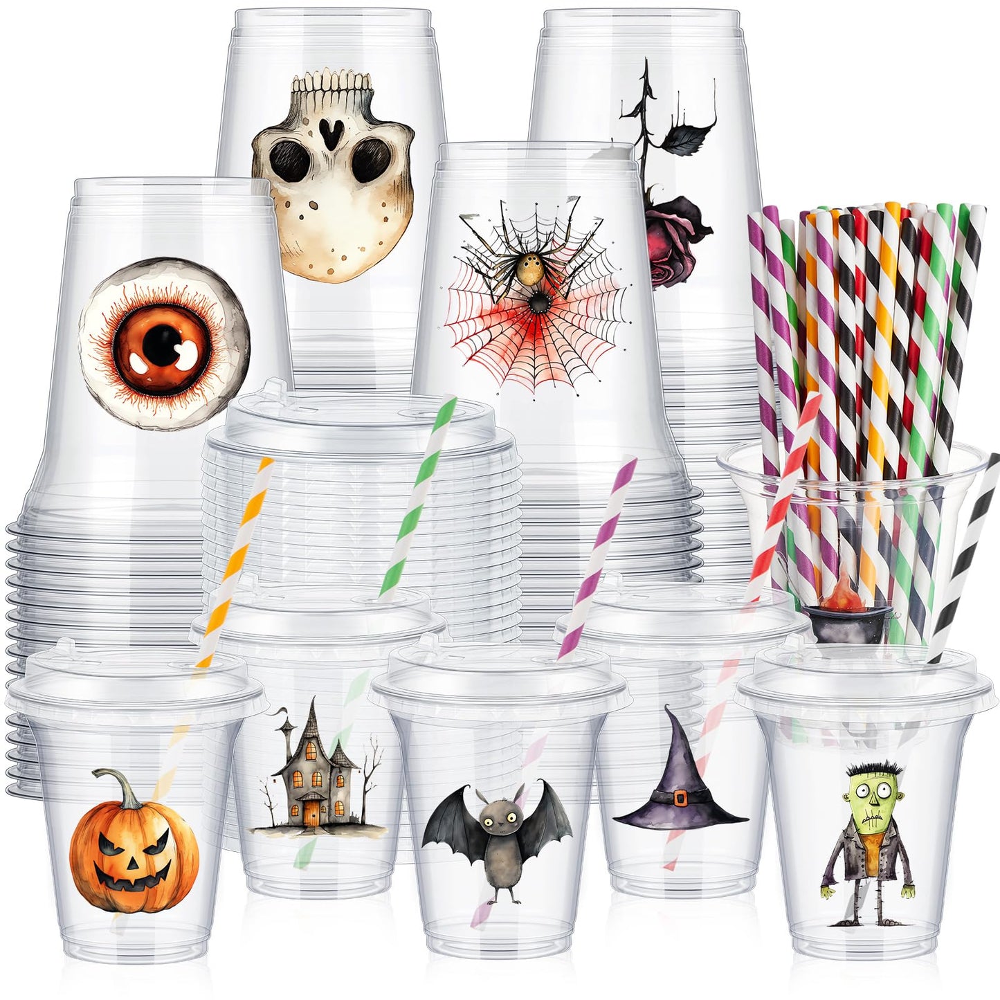 FoldTier 60 Set Halloween Plastic Cups with Lids14 oz Disposable Clear Cups and Paper Straws for Halloween Decorations Party Favor Supplies