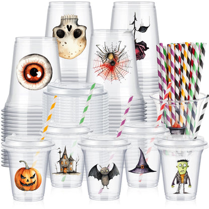 FoldTier 60 Set Halloween Plastic Cups with Lids14 oz Disposable Clear Cups and Paper Straws for Halloween Decorations Party Favor Supplies