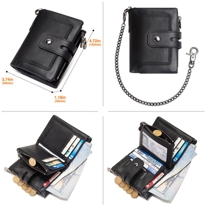 Wallet with Chain,Genuine Leather Purse RFID Blocking Bifold Double Zipper Coin Pocket with Anti-Theft Chain, Pickpocket Proof Chain Wallets for Men (Black)