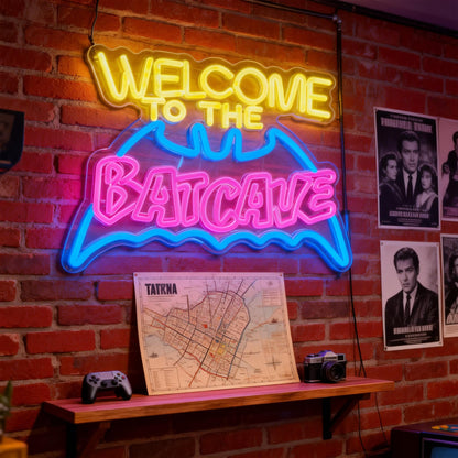 Bat Cave Neon Sign for Wall Decor - Dimmable LED Neon Light for Man Cave, Gamer Room, Bedroom, Dorm - Cool Hero Inspired Wall Art & Gift - 16.5 x 11 Inches, USB Powered