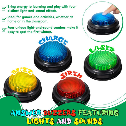 YTZRLO Set of 4 Trivia Game Buzzers with Lights & Sound, Family Feud & Jeopardy Quiz Buttons for Classroom, Party Games, Red/Blue/Yellow/Green
