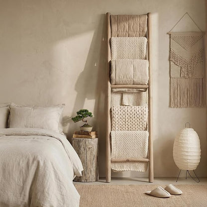 Wooden Blanket Ladder - 76in Natural Wood Color- Leaning Wall Decor for Bedroom, Bathroom, Living Room - Rustic Quilt Holder (Natural Wood Color (Knock Down), 76in(7-Rung) | Knock Down)