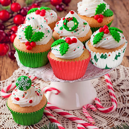 Potchen 600 Count Christmas Cupcake Liners Red Green Berry Snowflake Print Baking Cups Disposable Cupcake Wrappers Christmas Theme Muffin Liners Cupcake Holders for Xmas Party Supplies(Holly)