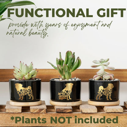 InnoBeta Pug Gifts Succulent Plant Pots 3pcs, Gifts for Pug Lovers, Planter Pot with Bamboo Tray, Plants NOT Included, Cute Ceramic Pots for Birthday, Christmas