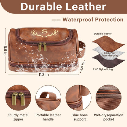 Toiletry Bag for Men, Personalized Gifts for Men, Custom Leather Initial Travel Shaving Bag, Gifts for Him Dad Husband Brother Boyfriend Groomsmen, Father's Day Birthday Anniversary Valentines Gifts