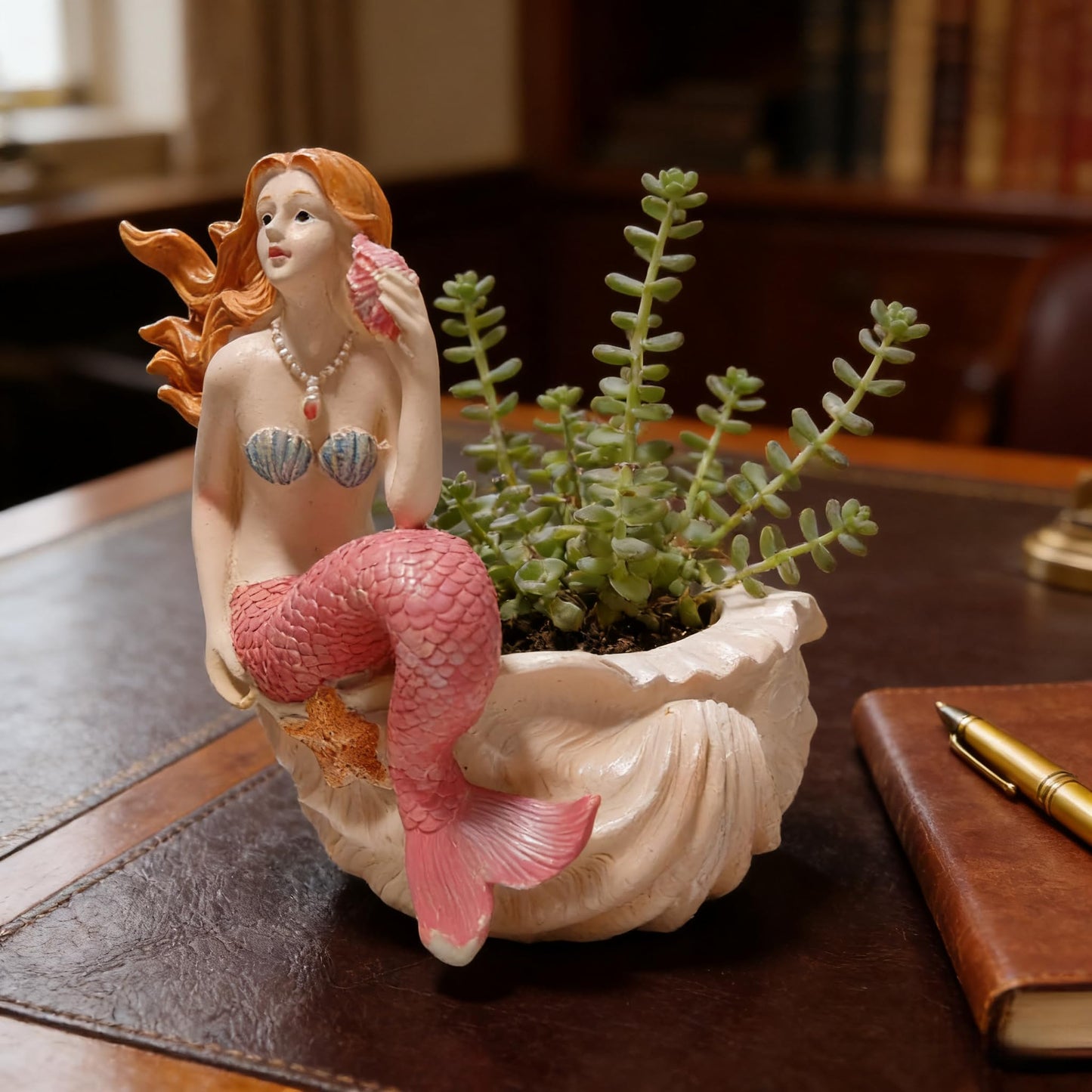 KARSTSYLVA Mermaid Resin Planter Statue, Conch Base Succulent Flower Pot for Home Garden Nautical Decor (Pink)