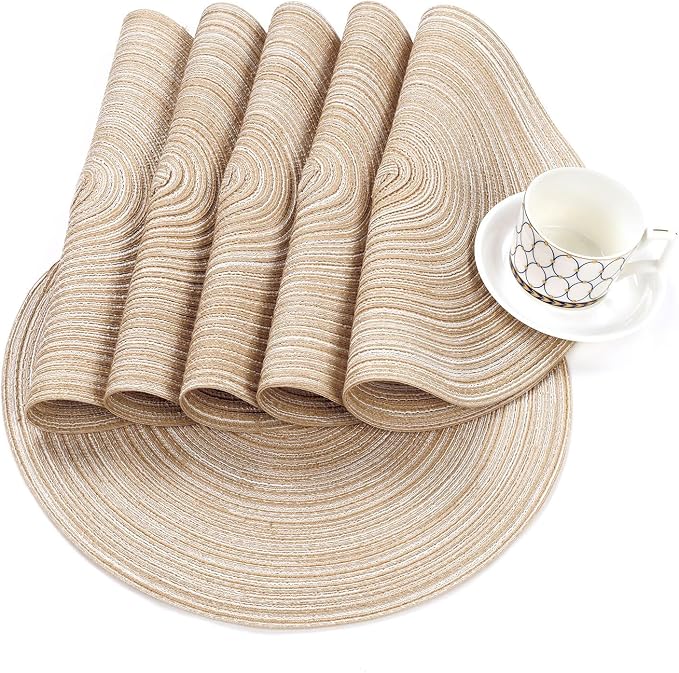 SHACOS 15 inch Round Placemats Set of 6, Cotton Polyester Woven Braided Place Mats, Washable Heat Resistant Non Slip Table Mats for Kitchen Dining Table (Beige, 6)