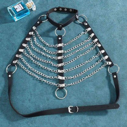 Zoestar Leather Chest Harness Chain Belt Black Fashion Rave Body Accessories for Women