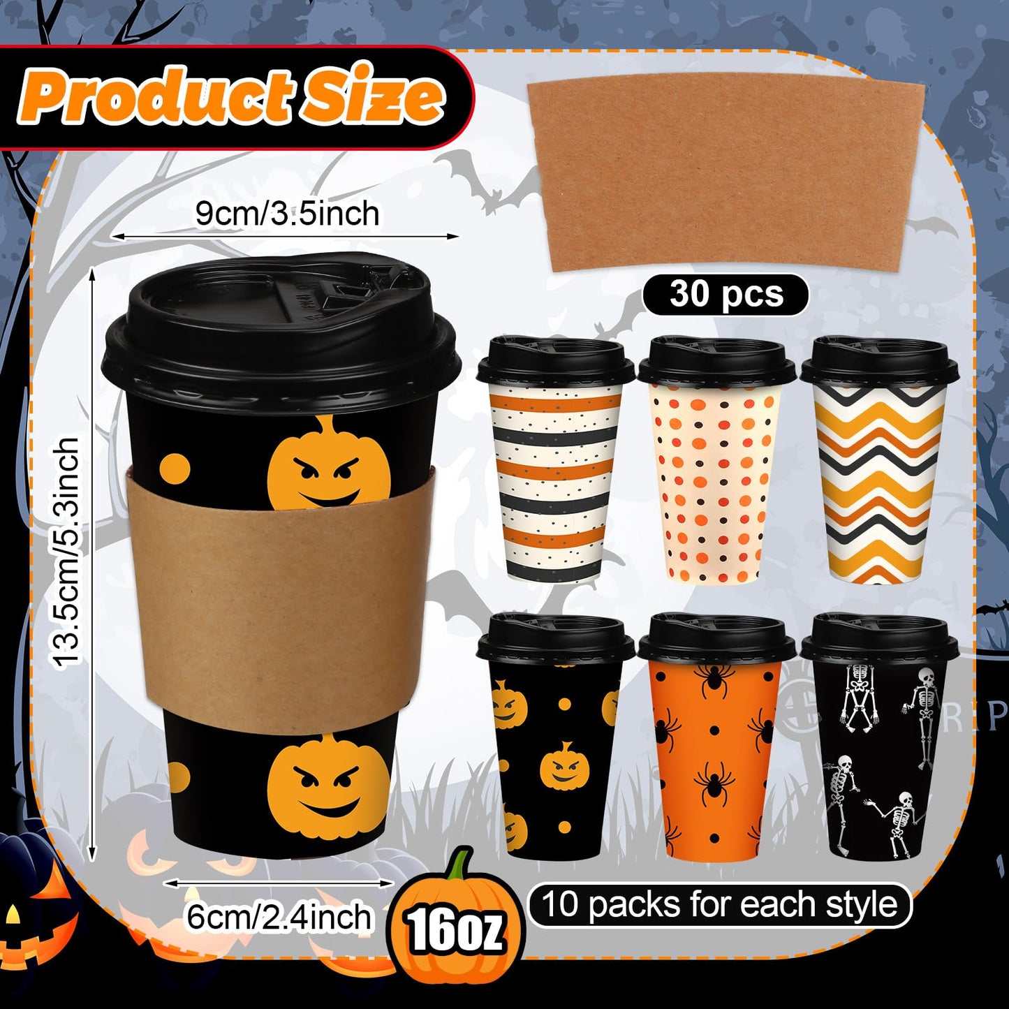 Sosation 90 Pcs/ 30 Sets Halloween Disposable Coffee Cups with Lids and Sleeves 16 oz Pumpkin Spider Skeleton Paper Cups for Hot Chocolate Beverage Tea Halloween Party Decoration
