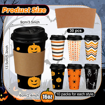 Sosation 90 Pcs/ 30 Sets Halloween Disposable Coffee Cups with Lids and Sleeves 16 oz Pumpkin Spider Skeleton Paper Cups for Hot Chocolate Beverage Tea Halloween Party Decoration