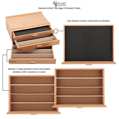 HG Art Concepts Artists Storage Chests - Premium Studio Organizer for Paint Tubes, Brushes, Pecils, Markers, & More! - 3 Drawer - 2 Pack