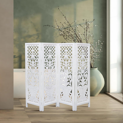 Room Divider Wood Screen Panel – White, 4-Panel Folding 64"x54", Hand-Carved, Reversible Privacy Partition, Decorative & Functional Portable Room Divider for Home or Office