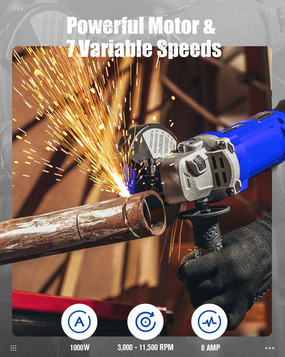 AVID POWER Angle Grinder 4-1/2 Inch 8.0 Amp 1000W Electric Grinder Tool 7-Variable-Speed Metal Grinder, 11,500 RPM, Paddle Switch with Lock-on Button, Cutting & Grinding Wheels and Side Handle - Blue