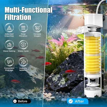 Vehipa Fish Tank Filters, 4-in-1 Aquarium Filter for Multi-Layer Filtration, Adjustable Oxygenation & Wavemaker, Ultra-Quiet Water Circulation for 40-70 Gallon Aquariums, 225GPH