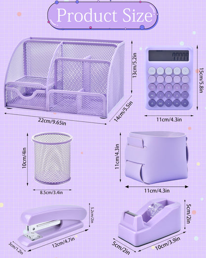 23pc Purple Desk Accessories and Organizers with Mesh Organizer Stapler Tape Dispenser Calculator and a Lot of Office Purple Office Supplies Beautifully Presented in a Gift Box