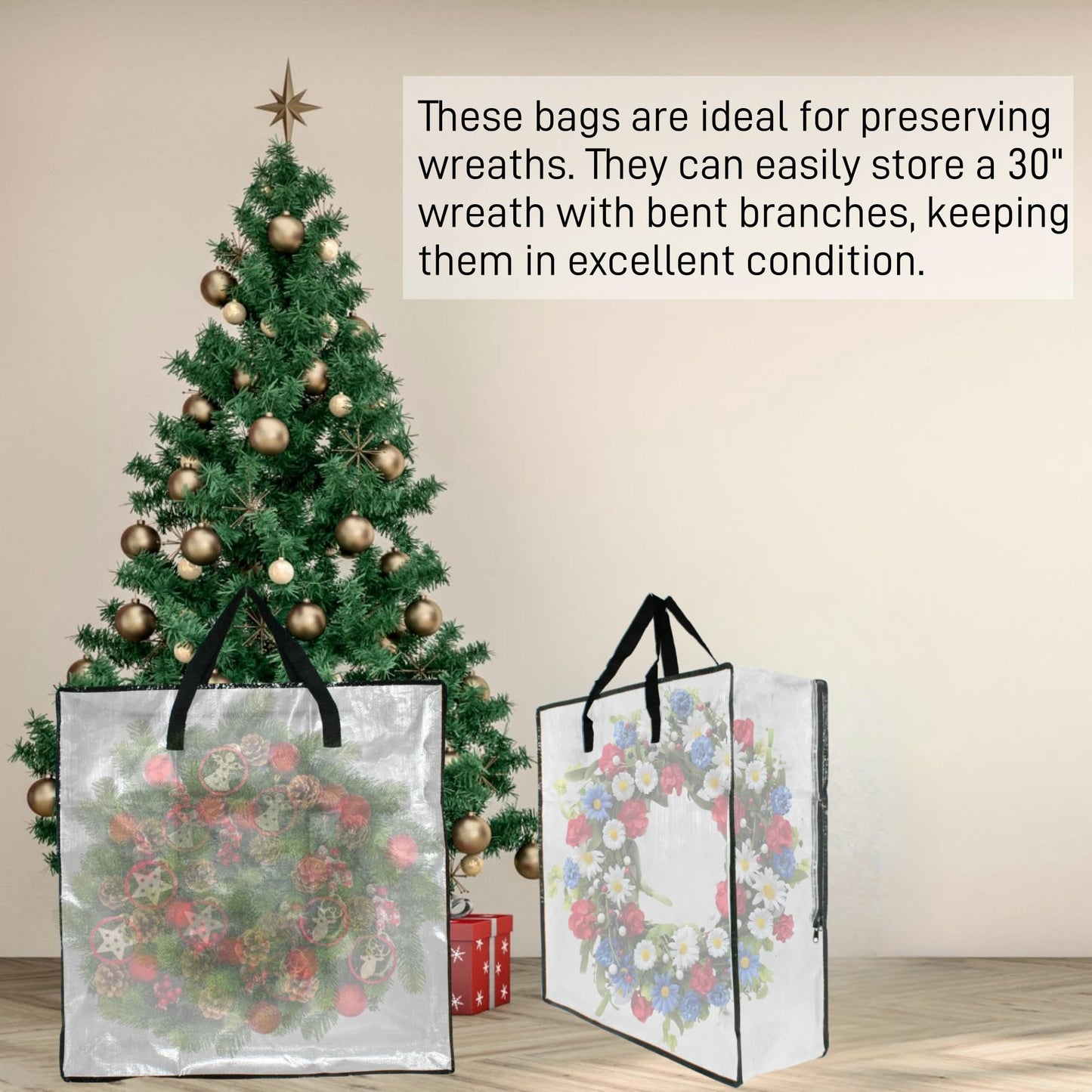3 Pack Clear Bags with Zipper and Handles, Halloween Christmas Wreath Storage, Gift Bag Organizer, Moving Boxes Alternative, Under the Bed Storage