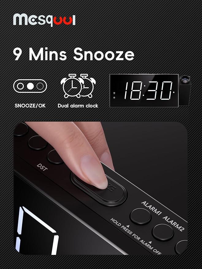 Mesqool Projection Alarm Clock with Bed Shaker, Dual Alarms, 180° Projector, 5-Level Dimmer, USB Phone Charger, Battery Backup, Loud Vibrating Alarm Clock for Heavy Sleepers, Snooze, DST