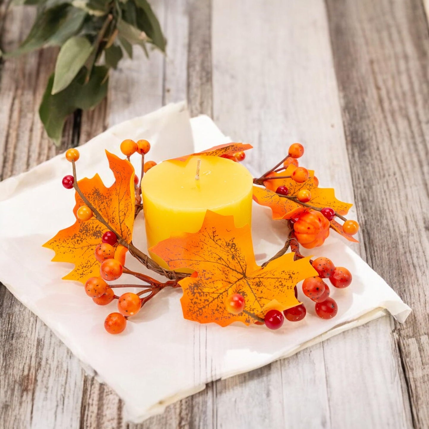 5Pcs Fall Mini Wreath 4.7 Inch/12cm Taper Candle Rings Artificial Pumpkin Maple Leaf Holder with Berries Christmas Autumn Harvest Wreaths for Pillar Halloween Thanksgiving Wedding Table Home Decor