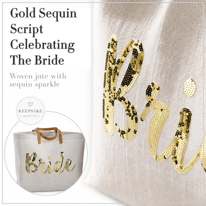 Mud Pie Bride Tote Bag, Bridal Shower Gift with Gold Sequin Script, Bridal Bag With Vegan Leather Handles