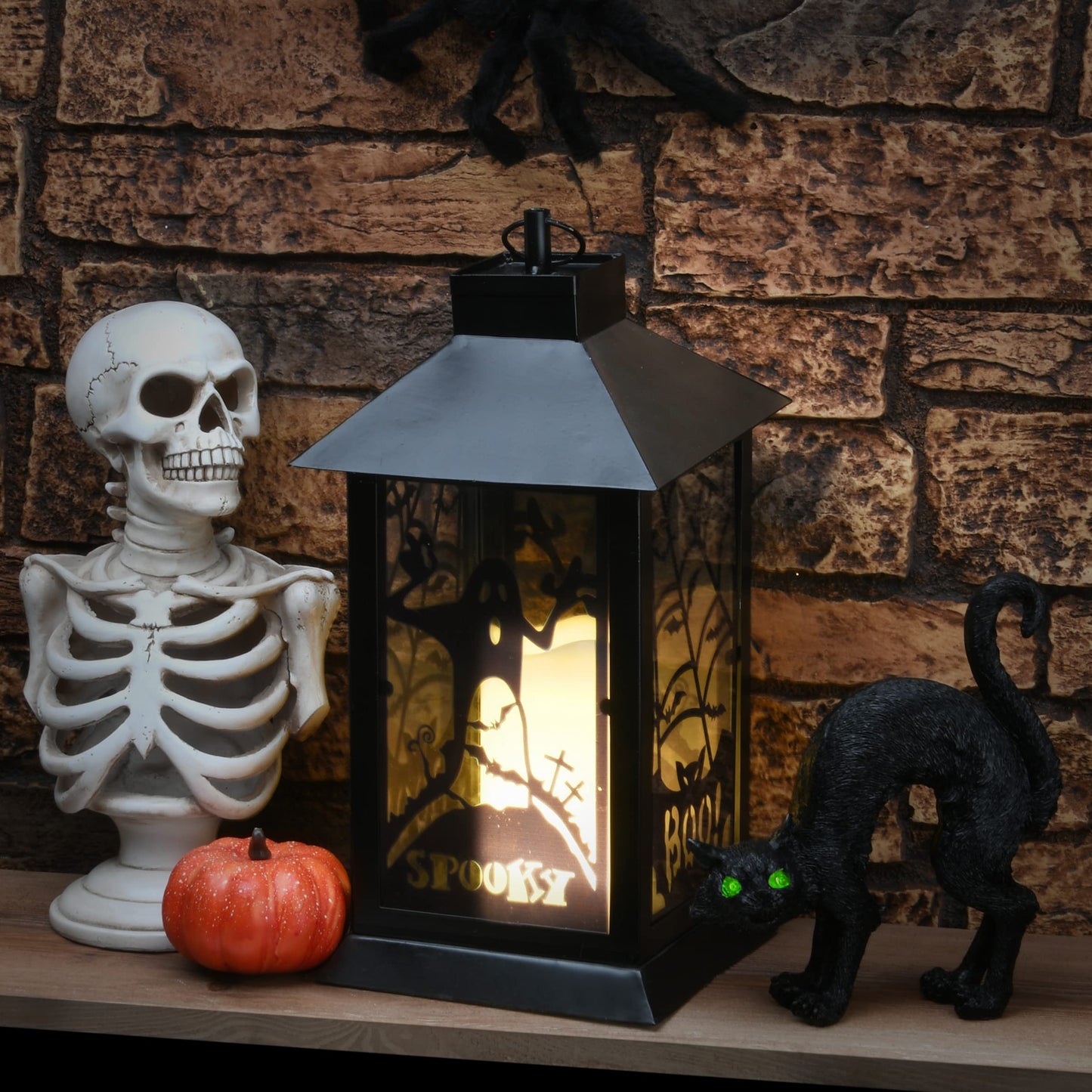National Tree Company Halloween Lantern with LED Lights, Carved Images of Ghosts and Cobwebs, Halloween Collection, 16 inches