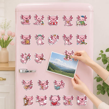 MALLMALL6 Axolotl Fridge Magnets, 48Pcs Cute Salamander Refrigerator Magnetic Sticker Summer Pink Decor Accessories with Ice Cream Guitar for Home Kitchen Office Locker Mailbox, Adorable Kawaii Gift