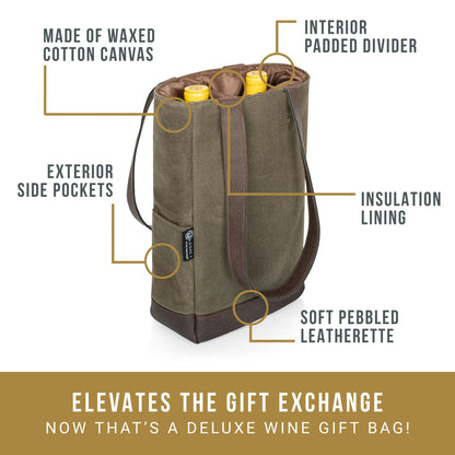 Legacy - a Picnic Time Brand, 2-Bottle Insulated Wine Bag, Distressed Waxed Canvas Wine Tote Bag, Wine Gift Bag
