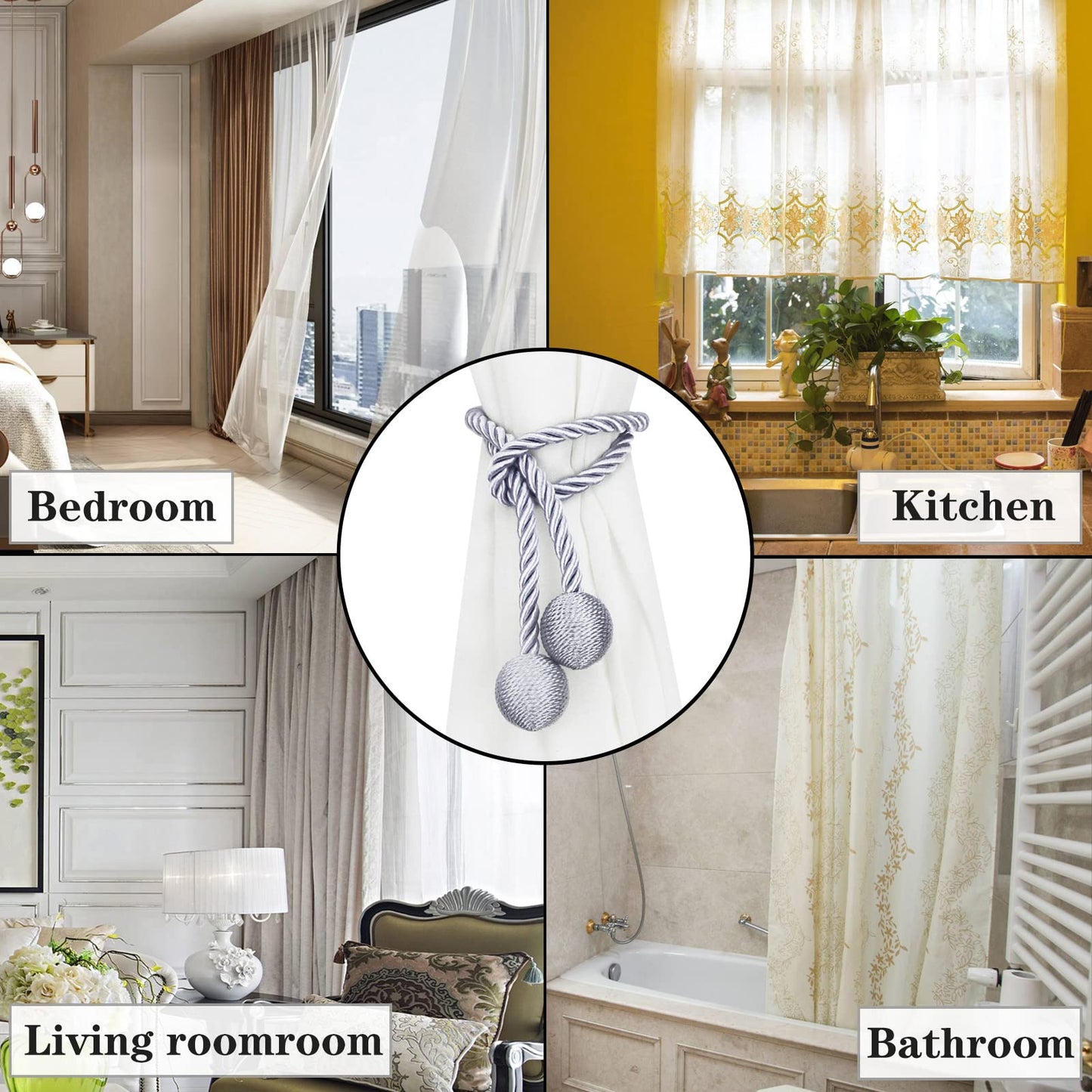 Nieffeiy Curtain Tiebacks Outdoor Elegant Decorative Tie Backs Modern Rope Tiebacks for Drapes Window Curtain Holdbacks for Draperies (Grey, 4)