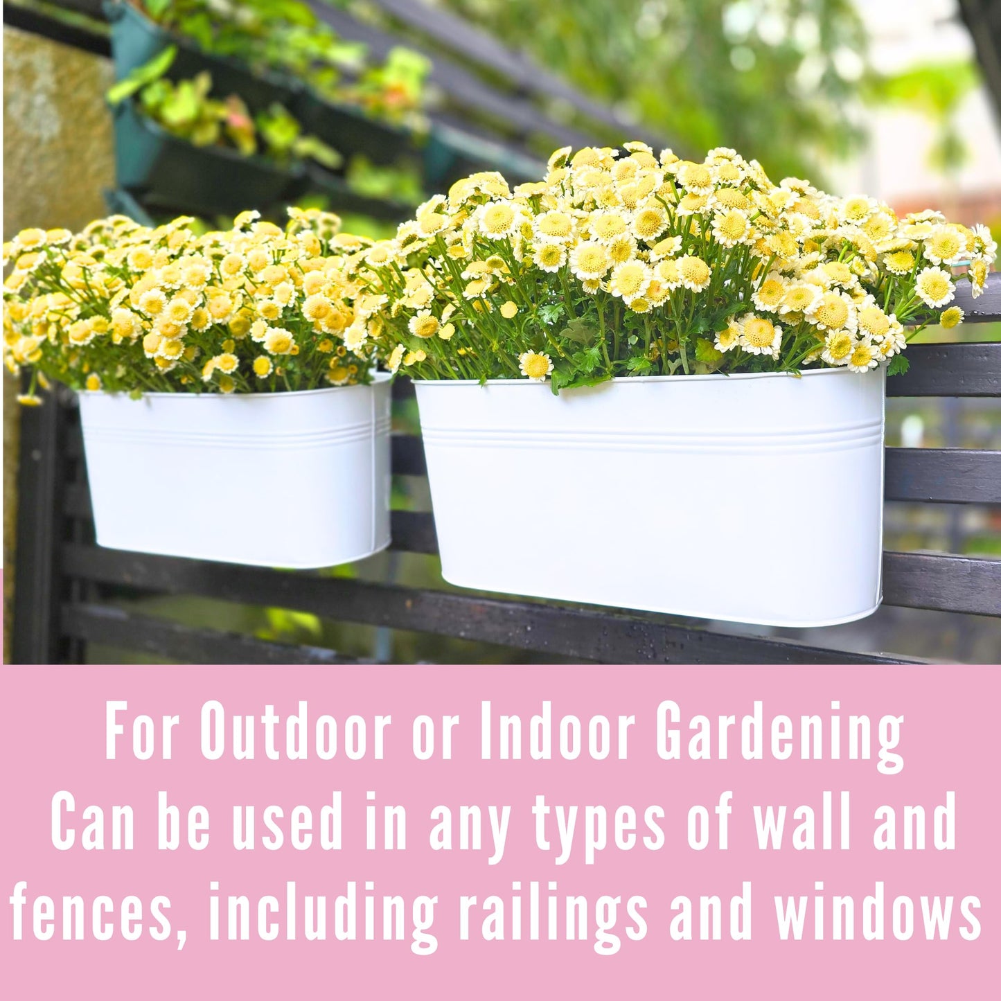 LaLaGreen 17 Inch Rail Planter (8-PIECE COMBO SET) White Large Metal Hanging Railing Fence Flower Pots, Modern Balcony Gardening for Apartment Garden Style Iron Patio Planters Outdoor Deck Decorations