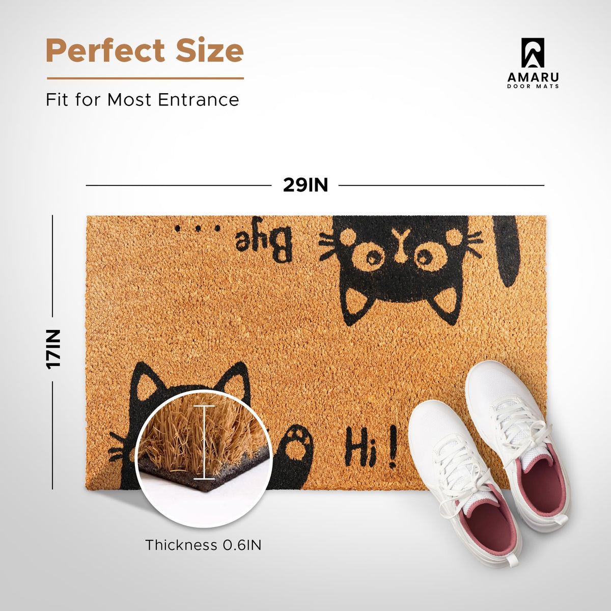 Hi-Bye Cat - 17"x29" - Coir Door Mat with Heavy Duty Backing - Welcome Mats for Entryway, Porch - Anti-Slip PVC & Coconut Fiber Surface - Natural Home Accessories, Minimalist Original Design