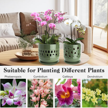 COLOAPT Orchid Pots, 5+6 Inch Orchid Pots with Holes, Ceramic Plant Pot with Drainage and Saucer, Enhance Good Ventilation, Indoor/Outdoor Flower Pot Set of 2 - Green