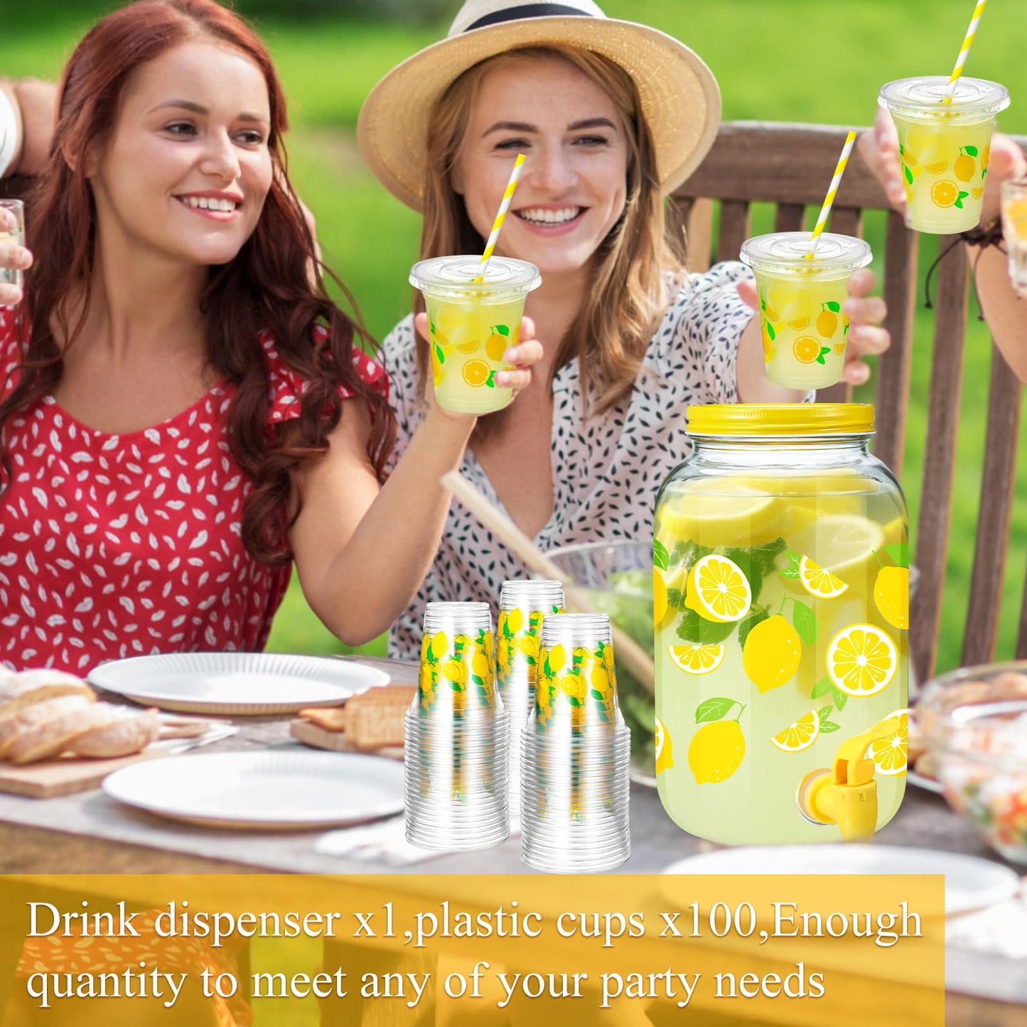 Umigy 1 Gallon Glass Lemonade Dispenser with 100 Pcs 16 oz Disposable Plastic Lemon Cups with Lids and Straw Drink Dispenser with Spigot for lemonade Stand Supplies Party Juice Ice Tea Beer Beverage