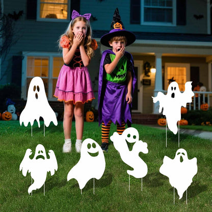 EIGHTSTATES 5pcs Halloween Ghost Yard Signs with Stakes - Black - Plastic & Wood - 12"x15" - Outdoor Garden Lawn Decor - Halloween Party Favor