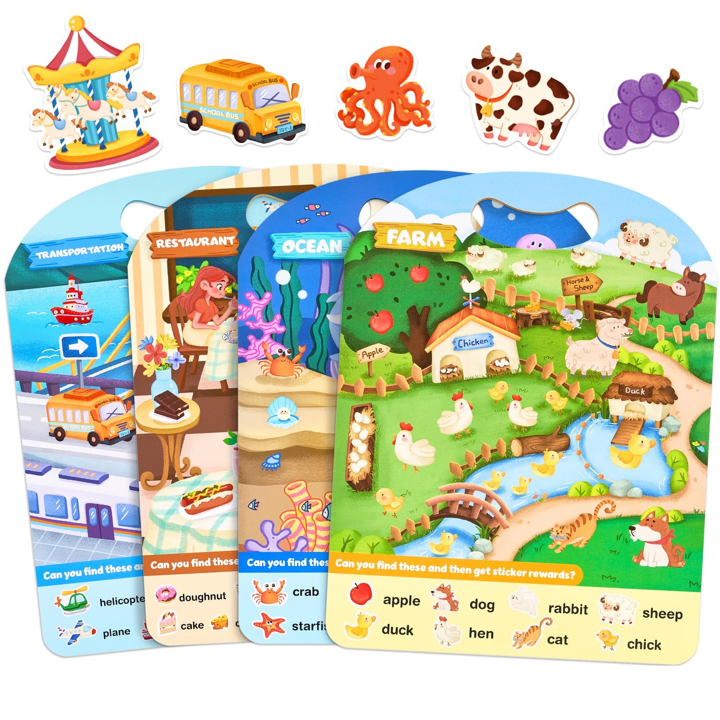 JoyCat Reusable Sticker Book Set (4-Pack), Kids Sticker Activity Books, 120+ Stickers for Toddlers, Travel Toys for Car Airplane Road Trips, Preschool Educational Learning Gifts for Boys Girls