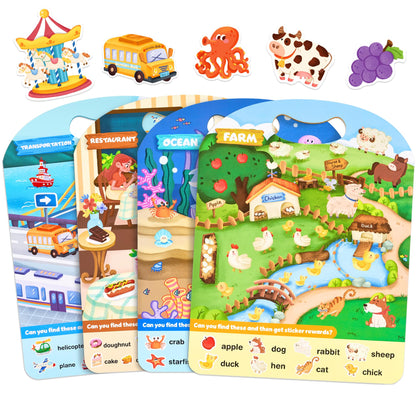 JoyCat Reusable Sticker Book Set (4-Pack), Kids Sticker Activity Books, 120+ Stickers for Toddlers, Travel Toys for Car Airplane Road Trips, Preschool Educational Learning Gifts for Boys Girls