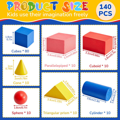 140 Pcs Mini 3D Shapes for Teaching, Wood Geometric Solids, Geometric Shapes 3D Shape Blocks, Classroom Manipulatives for Elementary School Geometry Math Kindergarten Preschool Learning