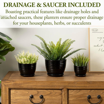 MyGift Black Ceramic Pots for Plants, 6.7+5.6+4.5 inch Flower Pots, Plant Pots Indoor with Drainage Holes and Tray, Garden Planters for Succulent and Flowers, Set of 3